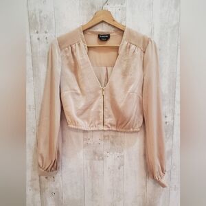 bebe Silky Champagne Gold Cropped Long Skeeve Blouse Size XS